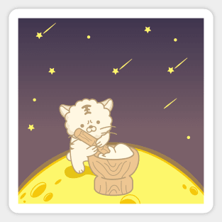 A cute cat making rice cake on the moon Sticker